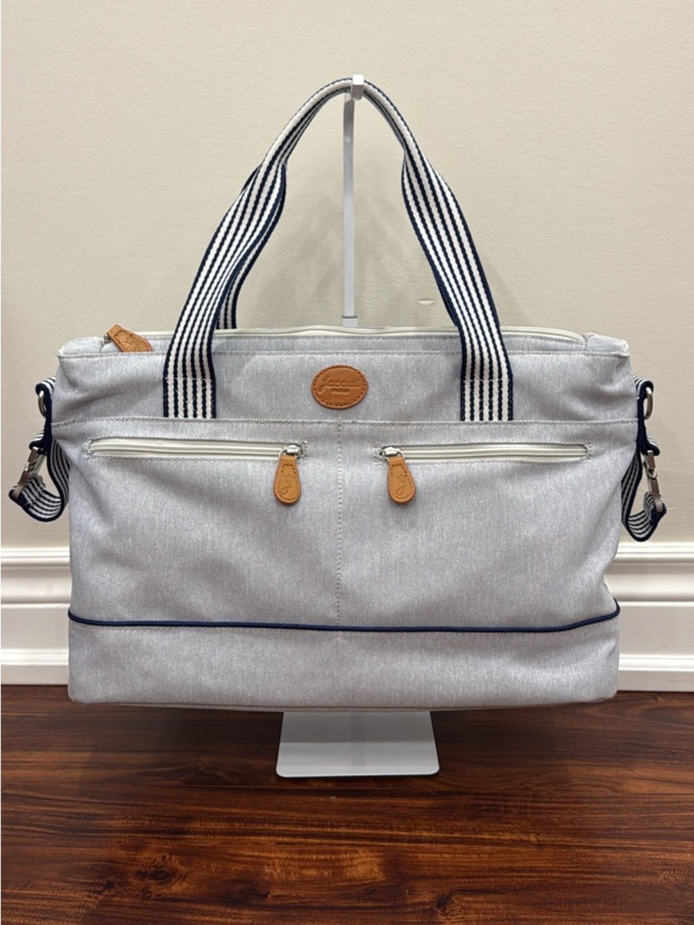 Jacadi Light Blue Diaper Bag Tote with Navy-Striped Handles and Tan Accents
